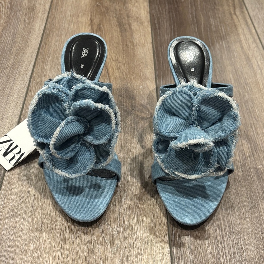 Zara Frayed Blue Denim Mules